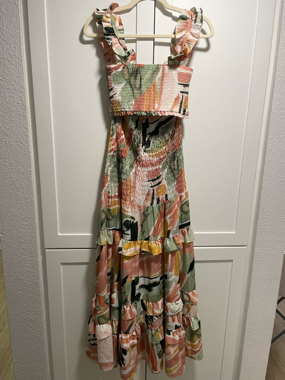 Watercolor Brush Stroke Multicolor Tropical Smocked Ruffle Tiered Maxi Skirt Set - Picture 8 of 14